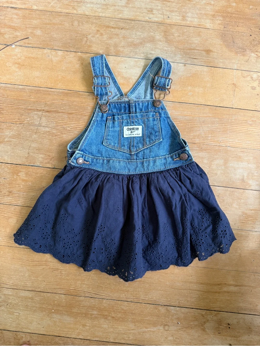 OshKosh Denim and Navy Eyelet Skirt Overall Dress